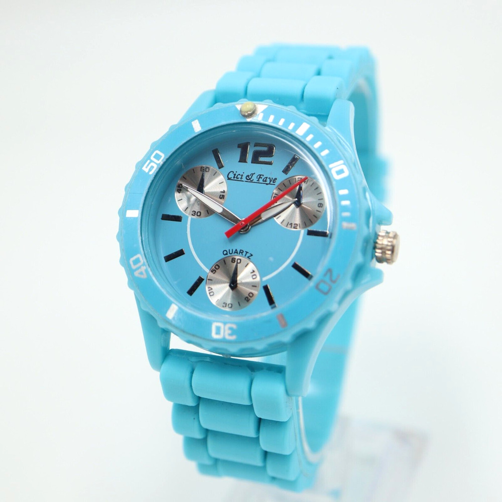 Cici & Faye Light Blue Watch 39mm Diver Style Watch Faux Chrono Silicone Strap